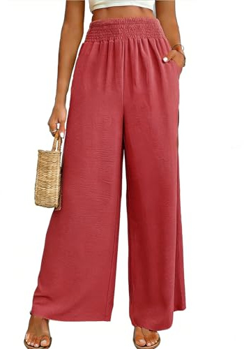 Vossmi Pantaloni Casual Vita Alta da Donna Elasticizzato Yoga Palazzo con Tasche Eleganti e Casual Pantalonie Lunga Pants Elegante Pantaloni Gamba Larga Autunno Rosso,XL