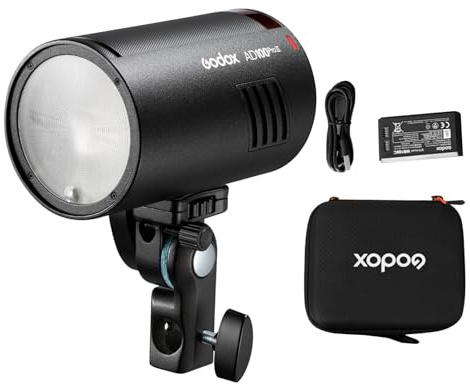 Godox AD100ProII Flash de Studio 100 W TTL, Flash HSS 1/8000 s, Temps de Recharge de 0,01 à 1,5 s, avec Lampe Pilote 2 W, Zoom 28~85 mm, 490 Flashes à Pleine Puissance, Batterie intégrée de 2850 mAh