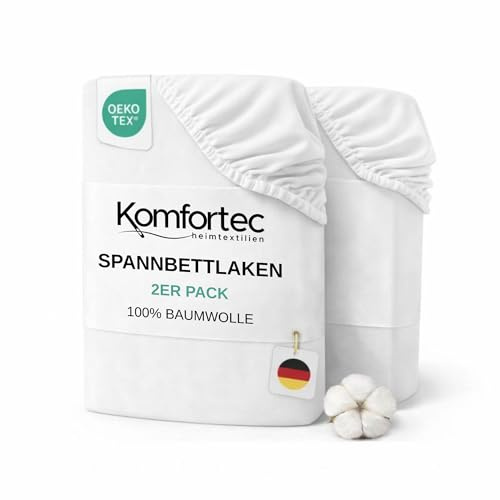 Komfortec Spannbettlaken Jersey 2er Set 100% Baumwolle – 90x200 cm – Weich, Atmungsaktiv & Hautfreundlich – Mit Rundumgummi – Oeko-Tex Zertifiziert – Für Boxspring, Topper & Matratzen – Weiß