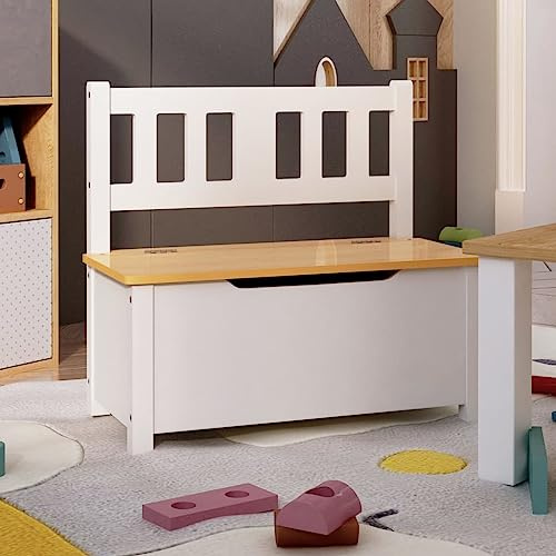 Runheo Barnbänk med förvaringsutrymme, vit och beige av MDF, 60 x 30 x 55 cm, förvaringsbord för barnrum, sittplats och ordning i babyrummet, platsbesparande installation med praktiskt