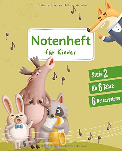 Notenheft für Kinder: Stufe 2 | ab 6 Jahre | 6 Notensysteme | Heft mit großen kindgerechten Notenlinen und zusätzlichen Hilfslinien zwischen den Notensystemen