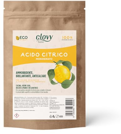 Clovy Acido Citrico (4,5Kg - 500 Lavaggi) Ammorbidente, Brillantante e Anticalcare. 100% Puro per Pulizie Ecologiche e Naturali della Lavatrice e della Casa
