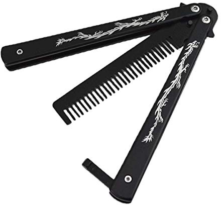 Funtuan Dragon Totem Stainless Steel Practice Butterfly Knife Trainer and Comb Knife Trainer (Black)