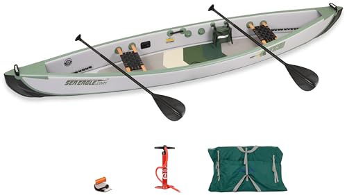 Sea Eagle TC16 Inflatable 16’ High Pressure Drop Stitch Travel Canoe-Wood Web Seats, Pump, Bag and Optional Paddles for Lakes, Rivers & Bays-Easy to Transport, Pack & Stow (TC16 Startup Package)