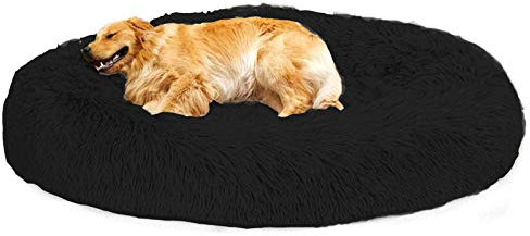 Loir Fluffy hundebett für große und extra große Hunde, 70 cm, Schwarz, Donut Weiches Plüsch Rundes hundekissen, Waschbar, Tiefschlaf