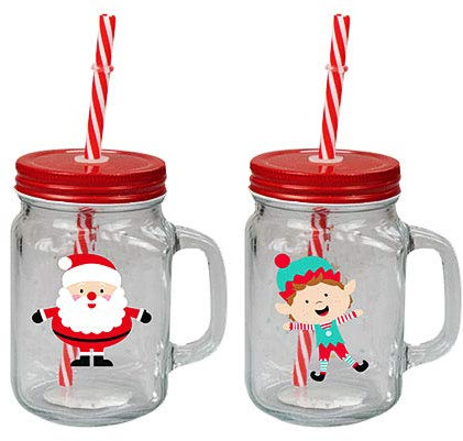 Keraiz Festive Mason Jars with Handle, Lid, and Straw - Set of 3 Holiday-Themed Drinking Glass/Tumbler-Christmas Themed Mason jar with Lid- Ideal for Parties, Decor, and Gift Giving (Pack of 2)