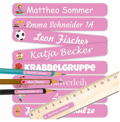 INDIGOS UG - Namensaufkleber Kinder Schule rosa - 60 Sticker - 5 x 1,5cm - Namensschilder personalisiert für KITA, Kindergarten - Aufkleber selbst gestalten - Stifte, Hefte, Federmappe