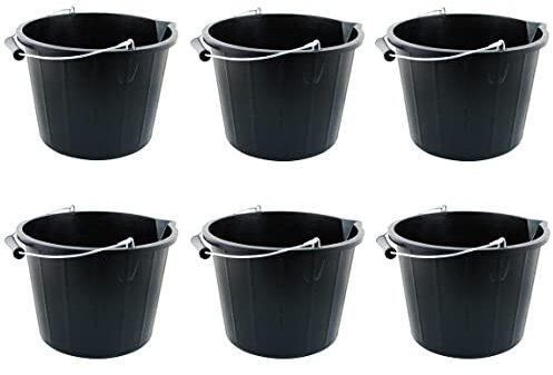 (Set of 6) – 14 Litre 3 Gallon Black Bucket with strong metal handle and large spout, Heavy-Duty plastic builder's bucket, ideal use for mixing cement, water storage, construction work