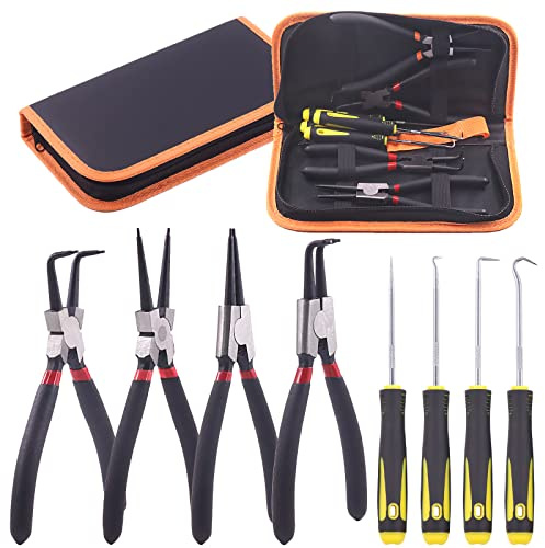 Keadic 8Pcs 7Inch Snap Ring Pliers with Hook Set Includes Straight/Bent/Jaw/Tips C-Clip Pliers Kit, Heavy Duty Circlip Pliers Kit, Internal/External Precision Spring Loaded Plier for Ring Removing