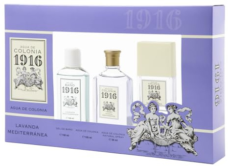 1916 - Lavanda Mediterránea Estuche de Regalo Mujer y Hombre, Agua de Colonia, Colonia 100 ml + 30 ml + Gel de Baño 100 ml, Perfume Unisex, Fragancia Fresca y Floral, Aroma de Larga Duración
