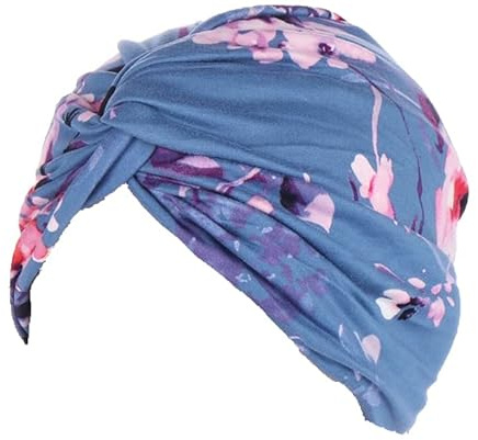 Pre Tied Headwrap Chemo Headwear for Women UK Beanie Scarf Turban Cap Floral Cotton Feel Style Alopecia Bandana Head Cover (Blue Floral)