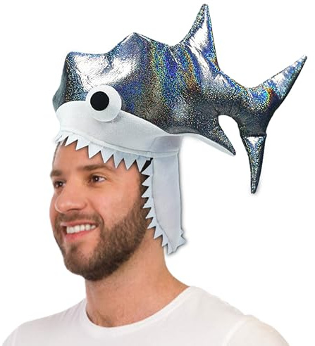 Hooin Chapeau de costume de requin. Costume de requin argenté scintillant Party Crazy Hat avec des yeux brodés en 3D.