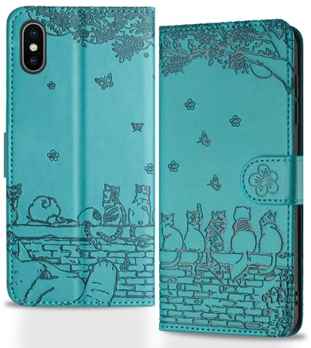 Butnyeoe Handyhülle für iPhone X/iPhone XS,Zaunkatzen Klappbar Hülle,Geprägtes PU Leder Wallet Schutzhülle Tasche Flip Case,Magnetische Klapphülle mit Kartenfach Standfunktion,Blau Grün
