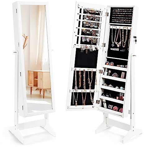 HOMASIS 2 in 1 Schmuckschrank mit Ganzkörperspiegel, abschließbares Schmuckregal, freistehendes Schmuckständer Spiegelregal, verstellbar Standspiegel Schmuckaufbewahrung mit Schlüsseln (Weiß)