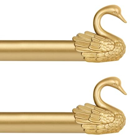 TANGWIN 2 Pack Gold Curtain Rods 48 to 84 Inch,1 Inch Heavy Duty Curtain Rods with Brackets,Adjustable Curtain Rod Set,Decorative Swan Finials Drapery Pole,Single Rod for Bedroom 36-88,Brass Gold