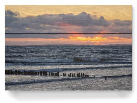 artboxONE Holzbild 45x30 cm Natur Meer, Buhne, Sonnenuntergang von Künstler Rico Ködder