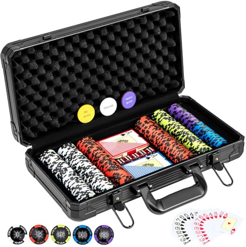 RELAX4LIFE Maletín de póquer de aluminio con 300/500 fichas de póquer láser numeradas / 2 juegos de cartas de póquer / 5 dados / 3 botones del crupier (300 chips)