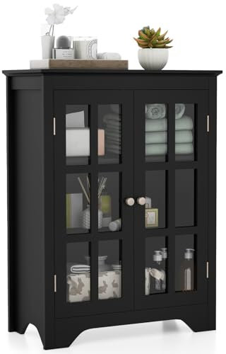 COSTWAY Bathroom Floor Cabinet, Freestanding Storage Cupboard with Double Glass Doors and Adjustable Shelves, Wooden Side Cabinet Bathroom Unit Organizer for Living Room Entryway, 60x30x80cm (Black)