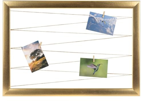 CLAMARO 'Neo Collage Line' Fotohalter 90x70 cm | Gold | Querformat Bilderrahmen mit Fotoleine aus Juteband und Holzklammern | Ideal als Fotocollage Galerie, Fotowand oder Fotorahmen
