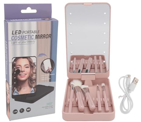 Travel Makeup Brush Set, Multifunctional Mini Cosmetic Brushes Kit with Case, Mirror & LED Light, Portable Small Makeup Brush Set for Eyeshadow, Powder, Foundation, Blush