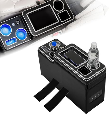 GEARMONSTER Mittelkonsole mit Ablagen Staufach, Mittelkonsole Box mit Getränkehalter, USB-Anschluss, LED-Leuchten, Zigarettenanzünder kompatibel mit VW T5 T6 T6.1, Schwarz