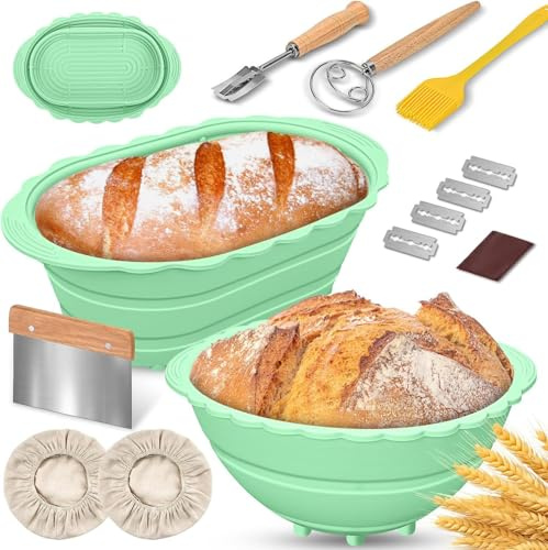 Bread Proofing Baskets,13 Piece Sourdough Bread Baking Set, Silicone Banneton Bread Making Supplies Tools, Basket, Bread Lame, Blades, Scrapers, Cotton Cover, Silicone Brush, and More