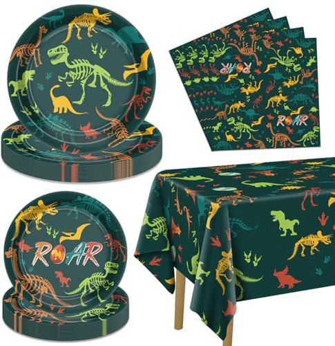 Dinosaurier-Partydekorationen – inkl. Teller, Servietten, Tischdecke, für Jungen, Kinder, 20 Gäste, 61 Stück