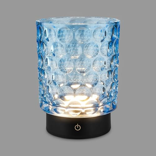 BRILONER - Lampada da tavolo a LED senza fili IP44 con corpo in vetro, dimmerabile a sfioramento, batteria ricaricabile e sorgente luminosa intercambiabile, 15x11 cm, blu