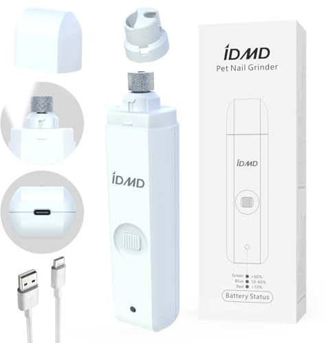 IDMD Krallenschleifer für Hunde mit 1 LED-Leuchten-2 Geschwindigkeiten, mit Batteriekapazität Indikator Licht und LED Beleuchtung,Type-C Wiederaufladbare Haustiere Trimmer/nagelfeile/krallenpflege