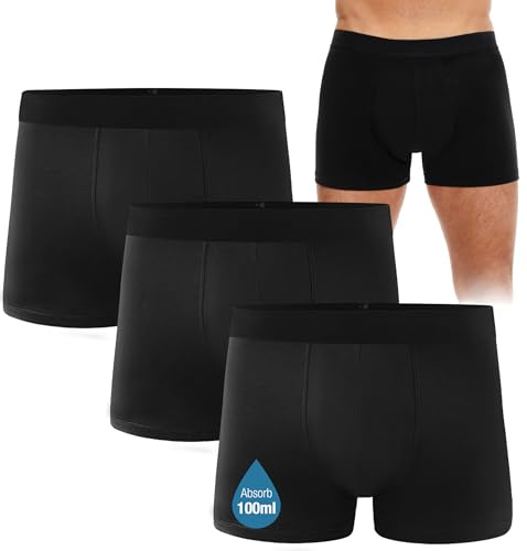 FORVEVO 3-pack Inkontinensbyxor Herr Bomull, Tvättbara Boxershorts Herr för Inkontinens Underkläder med Sugförmåga Byxor 100ml, Återanvändbara Underbyxor, Svart M