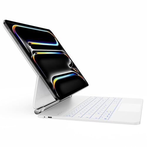HOU Clavier pour iPad Pro 13 Pouces (M5 2025/M4 2024) - Étui avec Clavier, AZERTY, pavé Tactile Click-Anywhere, rétroéclairage en 7 Couleurs et 3 Niveaux, Design magnétique, Blanc