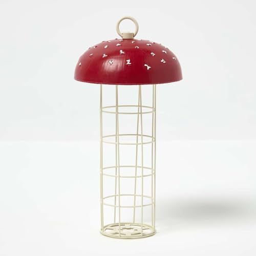 HOMESCAPES Hanging Bird Feeder, Red Mushroom Bird Seed Feeder, Iron Feed Station For Wild Birds & Animals, Trendy Spring Outdoor Garden Decorations, Suitable for Fatballs - 24 x 13 x 13cm