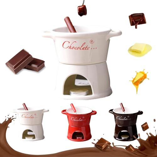 Sweet Fondue Cup, Chocolate Fondue Melt Mug Warmer with Fork, Ceramic Nostalgia Cheese Fondue Pot for Melting Chocolate, Cheese, Caramel Mini Fondue Set for Camping, Office, Family Gathering (White)