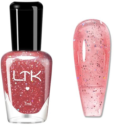 Coral Nail Polish - Sheer Glitter Nail Varnish Quick Dry - 60 Seconds Dark Pink nail polish - Shimmer Iridescent Sparkly Nail Polish - No Chip Long Lasting for Women DIY Nail Art