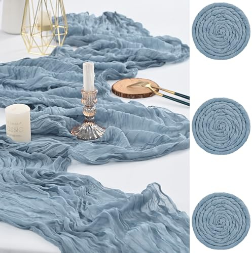 FXKS 3 Stück Staubiges Blau Cheesecloth Tischläufer,90 x 300 cm | Polyester Gaze Stoff Boho Tischläufer Käsetuch Hochzeit Tischdecke für Hochzeit Brautparty Bankett Dekoration