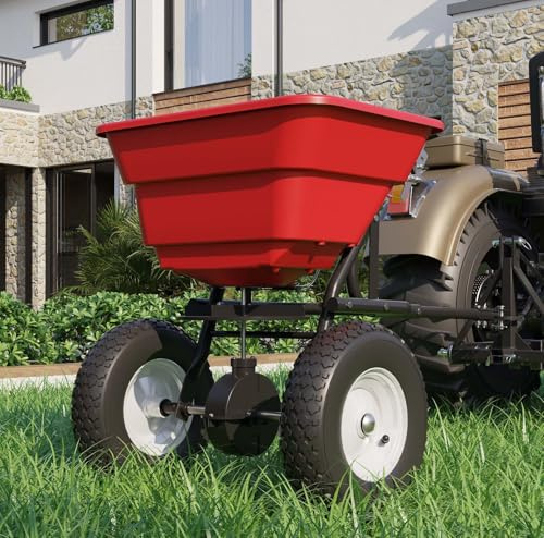PIAOMTIEE Fertilizer Grass Seed Spreader, Lawn Tow Pull Behind Spreaders for Lawns, Earthway Grass Seeder with Rubber Wheels, Steel Pipe, Adjustable Discharge Hole, 80 Lbs Capacity, Red + Black
