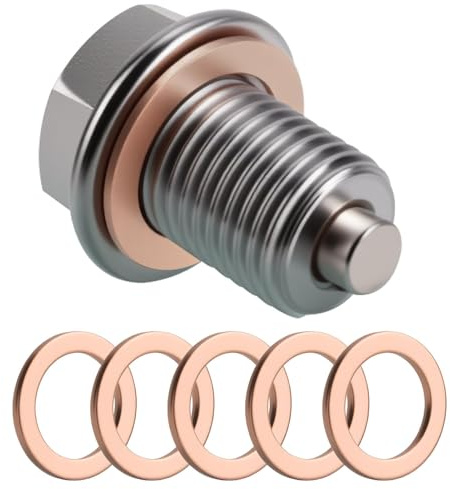 Tapón de Drenaje de Aceite Magnético M14x1.5, Tapon Carter Aceite Tornillo Drenaje Sumidero Inoxidable Carbono Bandeja Roscado Drenaje con 5 Arandelas de Cobre para Coche Voiture Motor Bateau Barco
