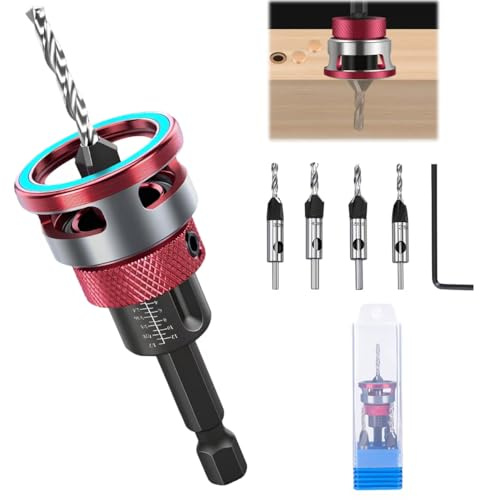 Set di 6 Punte da Trapano, Svasatore per Legno in HSS-M2 con Arresto di Profondità Regolabile e Attacco Esagonale da 1/4, Fori di Precisione per Lavorazione del Legno