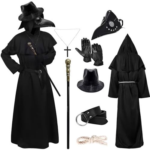 Costume du Médecin de Peste, Costume Médecin de la Peste avec Masque Medecin Peste Noir Chapeau, Deguisement Medecin de la Peste Médiéval, Plague Doctor Costume Steampunk pour Halloween Cosplay (S)