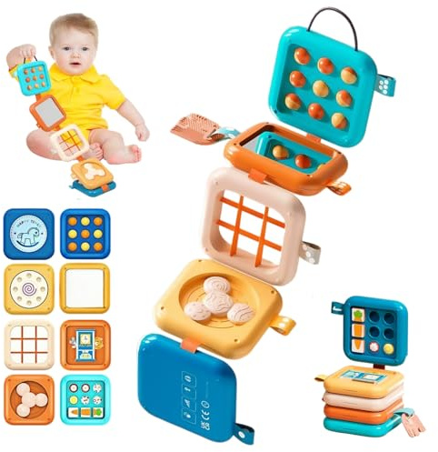 Bacxzomx Giochi Montessori 1 2 3 Anni, 8 in 1 Cubo attività Montessori Busy Board 1 Anno, Giochi da Viaggio Bambini, Giochi Educativi e Giochi Sensoriali per Neonati, Regalo Bambino Bambina 1 Anno