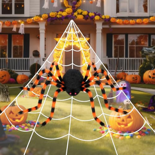 SKYYUE Araña Gigante Halloween Decoración Exterior, 700cm Tela de Araña Gigante y 200cm Arañas Gigantes, Araña Grande Realista Decoración Telaraña para Halloween Carnaval Fiesta Temáticas de Terror