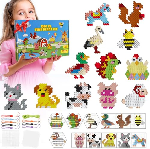 Set di perline da stirare grandi da 10 mm, 21 colori, 1350 pezzi, XL con 2 piastre, 12 modelli di animali da fattoria, 8 cordini e 5 fogli da stiro, perline creative, regalo fai da te per bambini dai