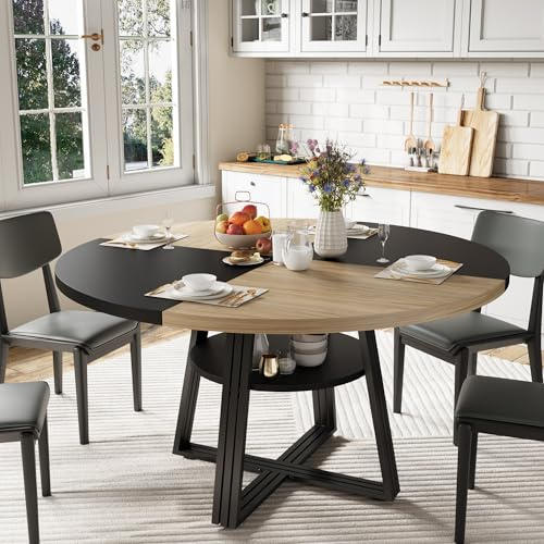 GarveeHome Round Dining Table for 4-6, 47.2 in Farmhouse Kitchen Table with Storage, Circle Dinner Tables for Kitchen, Dining Room, Living Room, Meeting Room, Apartment, Natural and Black (Only Table)