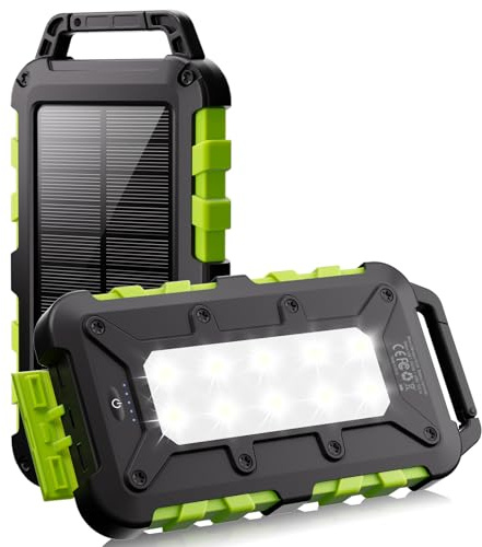 Cargador Solar 26800 mAh Power Bank Solar, Bateria Externa con Carga Rápida 15 W, Impermeable IPX4, Linterna LED + 2 Puertos USB, Compatible con Smartphones Tablets, Camping y Emergencias Verde