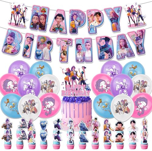 Birthday Party Decorations K-Pop's Dem-ons H_Hunters Party Supplies Include Happy Birthday Banners, Cupcake Toppers, Balloons for Party Decoration