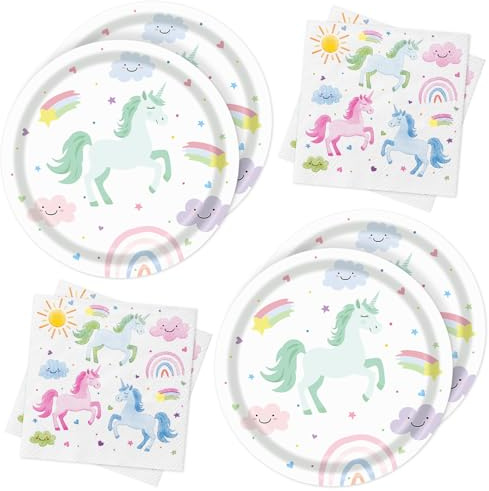 Ensemble de vaisselle de fête licorne, décorations d'anniversaire licornes, 40 pièces vaisselle d'anniversaire, assiettes licornes, serviettes, décoration pour fêtes - 20 invités