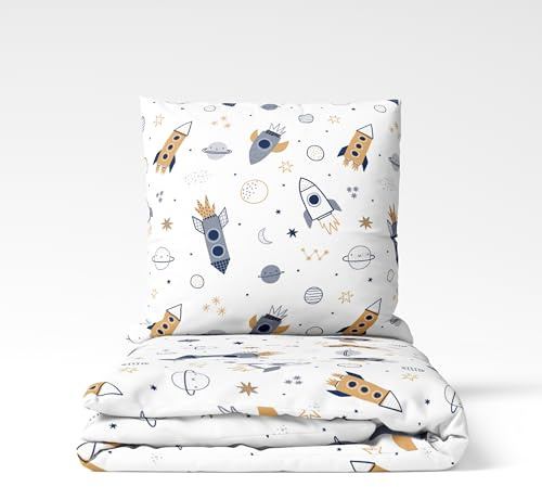 MTOnlinehandel Kinderbettwäsche 135x200 cm Set – 2-teilig mit Kissenbezug 80x80 – Bettwäsche Rakete Little Universe - Baumwolle – Auswahl Motiv – Oeko-TEX Zertifiziert (Weltall)