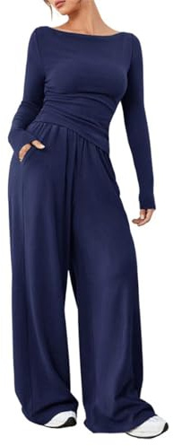 crazy bean Tuta Sportiva Invernale e Casual da Donna Tuta da Donna Elegante Curvy 2 Pezzi Casual Completa Manica Lunga Set Maglia a Pantaloni Sportivi con Elastico in Vita Blu Navy L