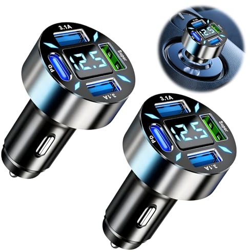 2 PCS 4 Puertos Cargador Mechero USB Carga Rapida 66W, Super y QC3.0 & PD Cargador Movil Coche con Voltímetro Led Compatible con Múltiples Dispositivos y Todos Los Teléfonos Inteligentes