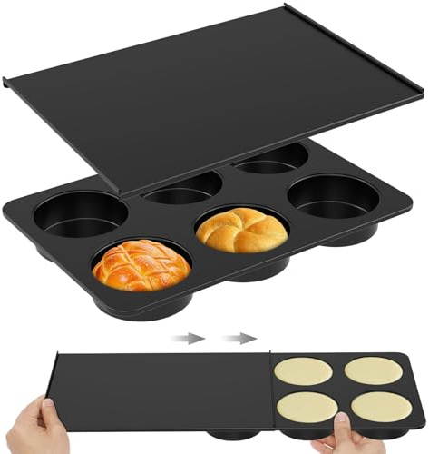 GWCYMYD 6 Cup Muffin Top Pan, Carbon Steel Hamburger Bun Pan with Sliding Lid, Nonstick Coating Design, Easy Release and Clean Reusable Muffin Baking Pans for Home Kitchen Baking
